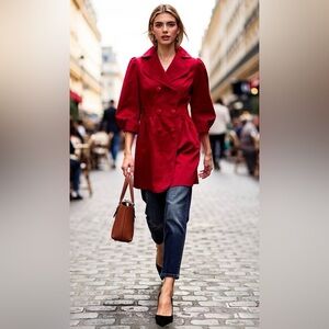 Red Fit & Flare 3/4 Sleeve Double Breasted Lightweight Coat w/ Back Bow Detail